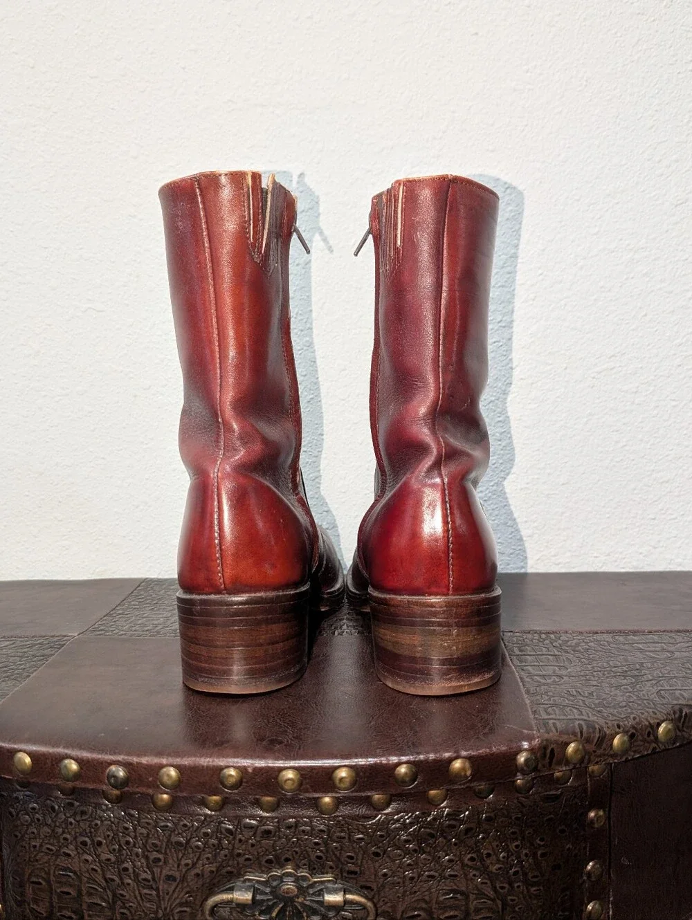 VINTAGE 70's Campus Red Leather Square Toe Zip-Up Ankle Boots - Made in USA - Picture 13 of 16